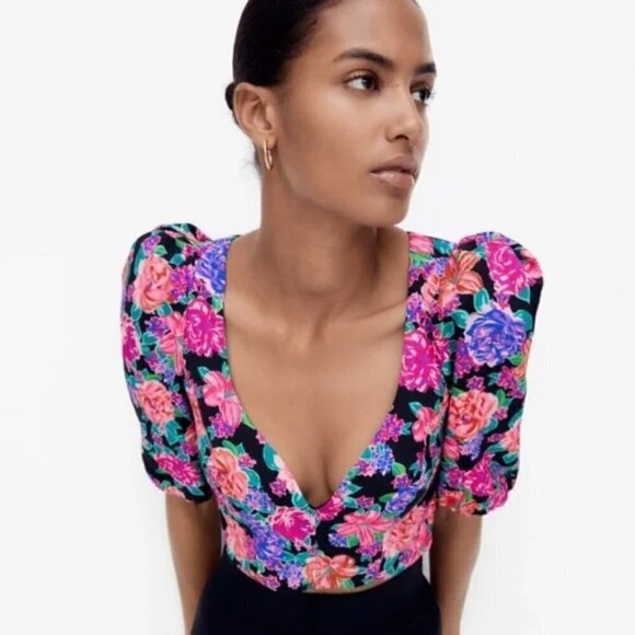 New Zara Floral Print Sweetheart Neckline Short Puff Sleeves Crop Top NWT XS - Picture 6 of 16